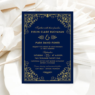 Vintage Midnight Blue und Gold Art Deco Wedding Einladung