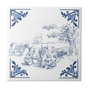 Vintage Milchmädchen Milchkühe Delft Blue White Fliese