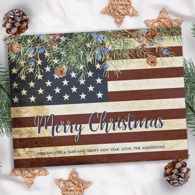 Vintage Militärflagge Patriotische Weihnachten Postkarte (Von Creator hochgeladen)