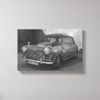 Vintage Mini Cooper Schwarzweiß-Retro-Leinwand