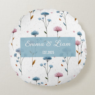 Vintage Minimal Blau und Rosa Floral Personalisier Rundes Kissen
