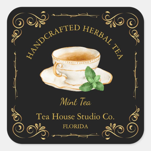 Vintage Mint Tea Square Label Quadratischer Aufkleber (Vorderseite)