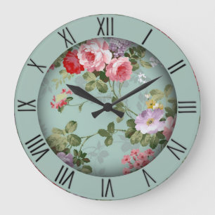 Vintage-Mintgrün-Blumenmuster-Römische Ziffern Große Wanduhr