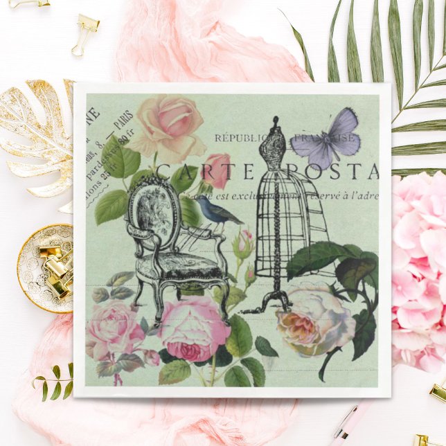 Vintage Minze Französisch Rosa Rose Paris Party Serviette (Vintage Mint French Pink Rose Paris Party Paper Dinner Napkins)