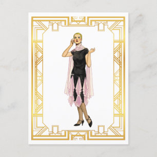 Vintage Mode Flapper rosa und schwarzes Kleid Postkarte