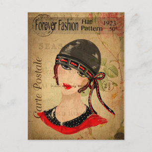 Vintage Mode Frau mit Hut Blumen französisch 1920e Postkarte