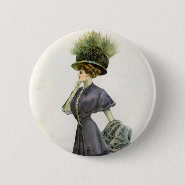 Vintage Mode Illustration Lady Botanischer Hut Button (Vorderseite)