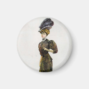 Vintage Mode Illustration Lady Feather Boa Hat Magnet
