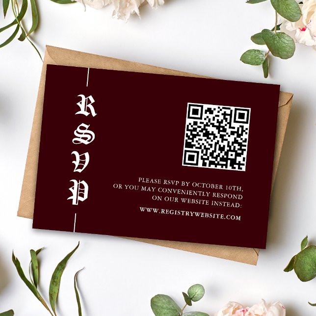Vintage Modern Burgundy QR Code Wedding RSVP Karte (Von Creator hochgeladen)