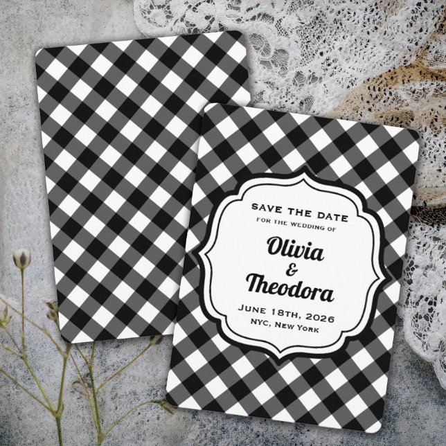 Vintage Modern Gingham Save the Date Cards Einladung (vintage modern elegant black and white gingham check wedding save the date)