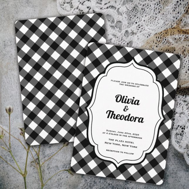 Vintage Modern Gingham wedding invitation Einladung (vintage modern elegant black and white gingham wedding invitation)