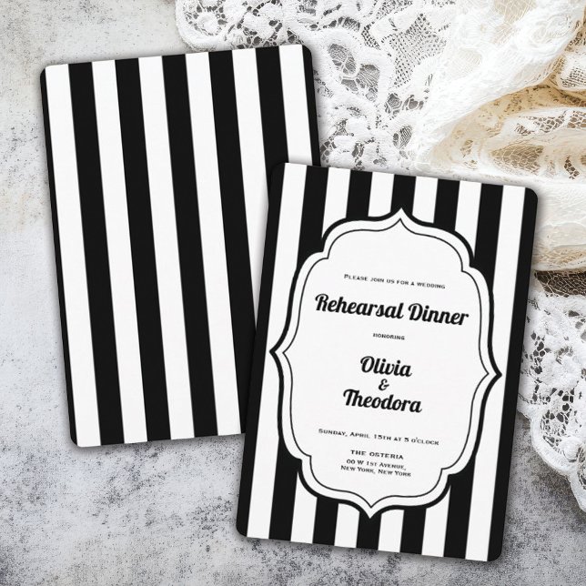 Vintage Modern Stripe Rehearsal Dinner Invitation Einladung (vintage modern elegant black and white stripe rehearsal dinner invitation)