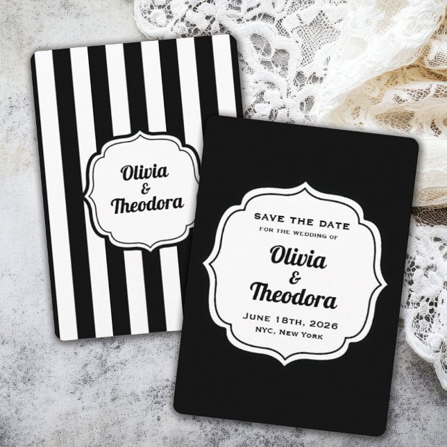 Vintage Modern Stripe Save the Date Cards Einladung (vintage modern black and white stripe save the date card. )