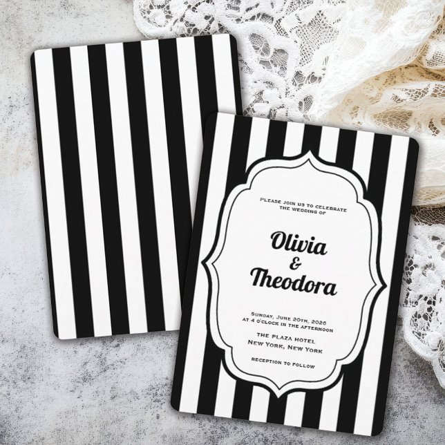 Vintage Modern Stripe Wedding Invitation Einladung (vintage modern elegant black and white stripe wedding invitation)