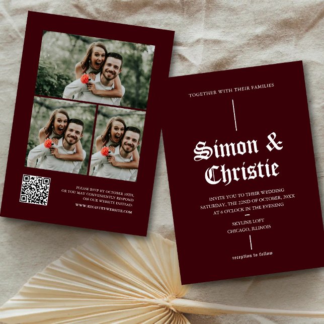 Vintage Moderne Fotocollage QR-Code Hochzeit Einladung (Vintage modern photo collage QR code invitation blends memories with seamless wedding details.)