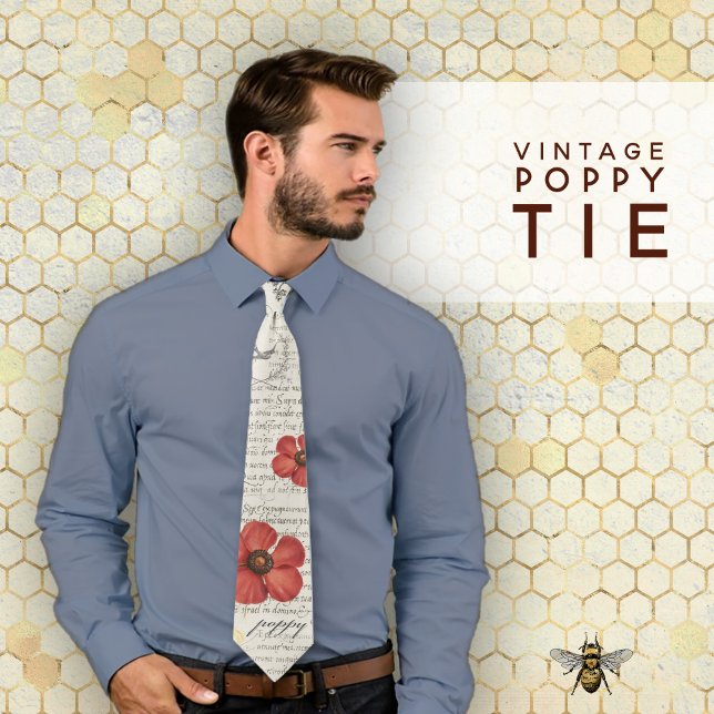 Vintage Mohnabbildung auf Zeitungspapier Krawatte (Vintage Poppy Illustration on Newsprint Neck Tie)