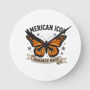 Vintage Monarch Schmetterling Amerikanisches Icon  Runde Wanduhr