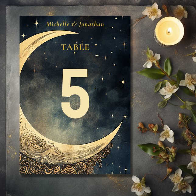 Vintage Mondhochzeit und Himmelshochzeit Tischnummer (Front and Back - Vintage Moon and Stars Celestial Wedding Table Number)