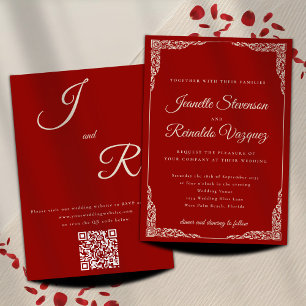 Vintage monochromes Rubinrotes QR-Code Hochzeit Einladung