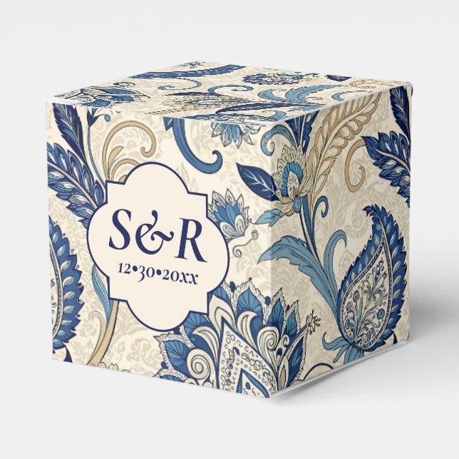 Vintage Monogram Blue Cream Damask Blumenhochzeit Geschenkschachtel (Vorderseite)