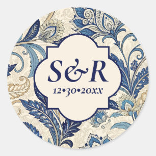 Vintage-Monogramm Blau-Creme-Damasken-Blumenhochze Runder Aufkleber