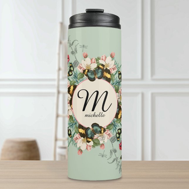 Vintage Monogramm-Butterfresser Farbe Grün Thermosbecher (Vintage Monogram Butterflies Sage Green Custom Thermal Tumbler)