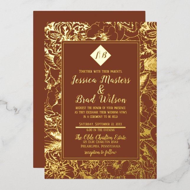 Vintage Monogramm | Floral Wedding Terracotta Gold Folieneinladung (Vorderseite/Rückseite)