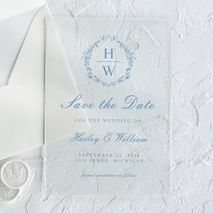 Vintage-Monogramm-Kranz Blau Hochzeit Termin vorme Acryleinladungen
