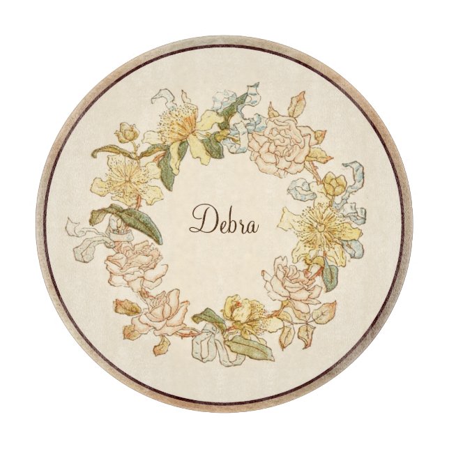 Vintage Monogramm Rosa und Gelbe Blumen Schneidebrett (Vorderseite)