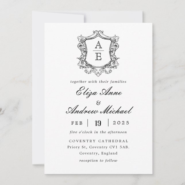 Vintage Monogramm Schwarz-Weiß-Hochzeit Einladung (Vorderseite)