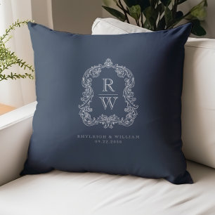 Vintage-Monogrammwappen mit Namen Navy-Blau Hochze Kissen