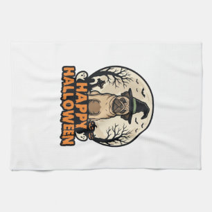 Vintage-Mops-Frohe-Halloween-Hexenhut-Shirt-Design Geschirrtuch