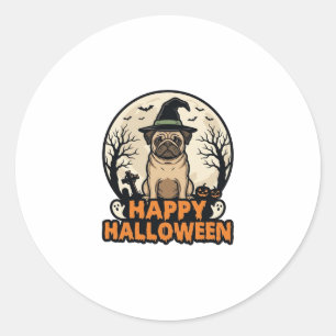 Vintage-Mops-Frohe-Halloween-Hexenhut-Shirt-Design Runder Aufkleber