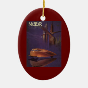 Vintage Motor Magazin-Cover, futuristisches Stadt- Keramikornament