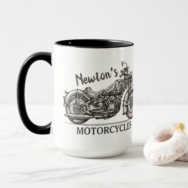 Vintage Motorrad-Personalisierter NAME Biker-Garag Tasse (Mit Donut)