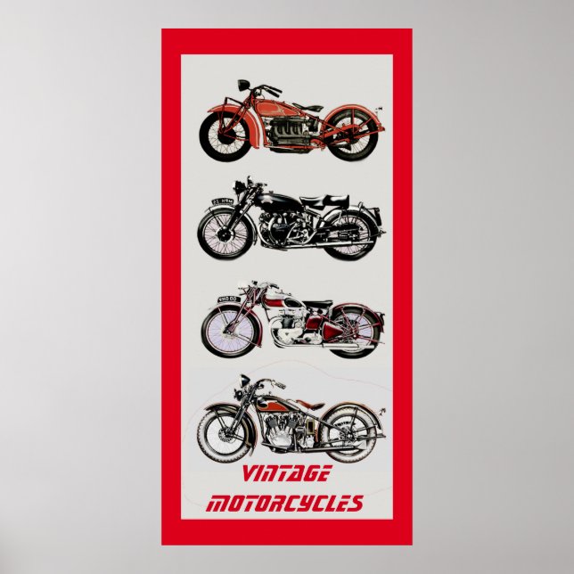 Vintage MOTORRÄDER Rot Grau Poster (Vorne)