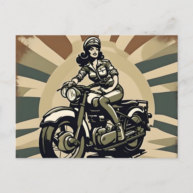 Vintage Motorradfrau Postkarte (Vorderseite)