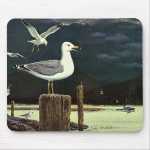 Vintage-Möwe auf Pier sitzend, Meeresvögel Tiere Mousepad