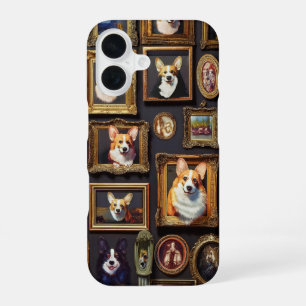 Vintage-Museumswand, lustige Corgi-Hundeporträts iPhone 16 Hülle
