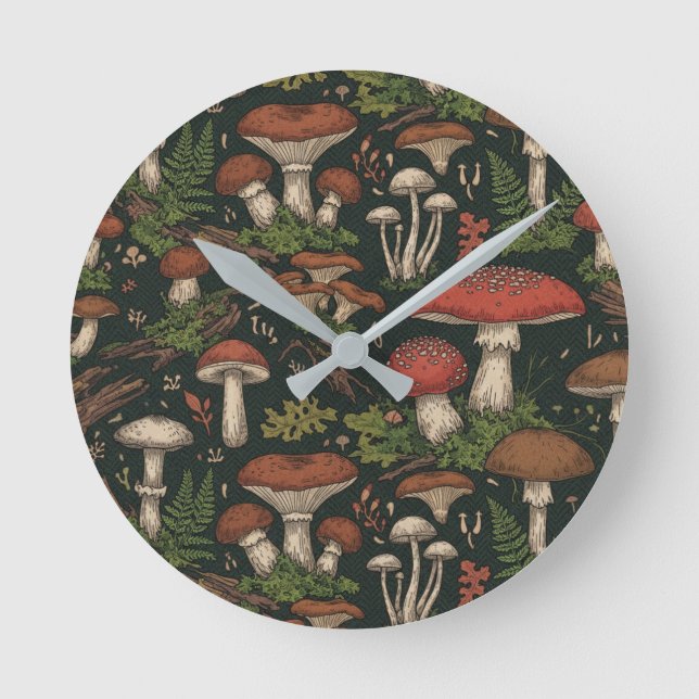 Vintage Mushroom Forest Botanical Runde Wanduhr (Vorderseite)