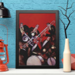 Vintage Musik, Art Deco Musical Jazz Band Jamming Poster<br><div class="desc">Vintage Illustrationskunst Deko-Design mit einem musikalischen Bild mit einer Musikgruppe darstellende Posaunen,  Trommeln,  Saxophon und andere Instrumente,  während der Lead-Sänger hält ein Mikrofon.</div>