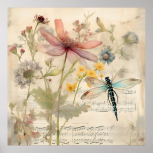Vintage-Musik französische Blumen-Libellen-Kunst Poster