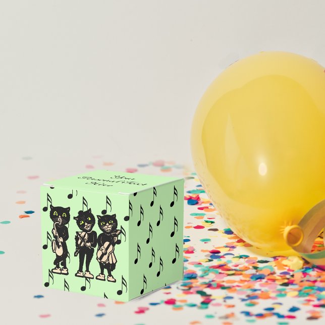 Vintage Musiker Black Cats Musiknoten Geschenkschachtel (Three black cat musicians playing music black musical notes on green party favor box.)