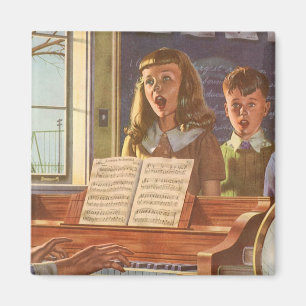 Vintage-Musiklehrerin unterrichtet Schüler im Sing Magnet