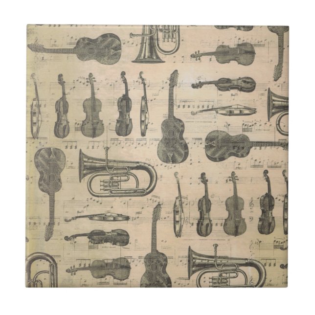 Vintage Musiknote Muster Gitarre Violin Tuba Fliese (Vorderseite)