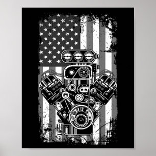 Vintage-Muskelauto-Kolben-Amerikanische-Flagge-Lus Poster
