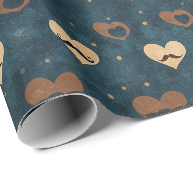 Vintage Mustache Heart Pattern on Denim Blue Geschenkpapier (Rolleneckpunkt)