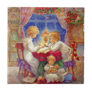 Vintage Mutter mit Kindern am Tisch Fliese