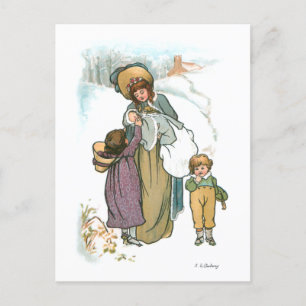 Vintage Mutter und Kinder im Schnee Feiertagspostkarte