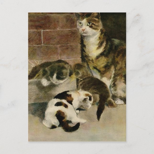 Vintage Mutterkatze und Kitten Ankündigungspostkarte (Vorderseite)